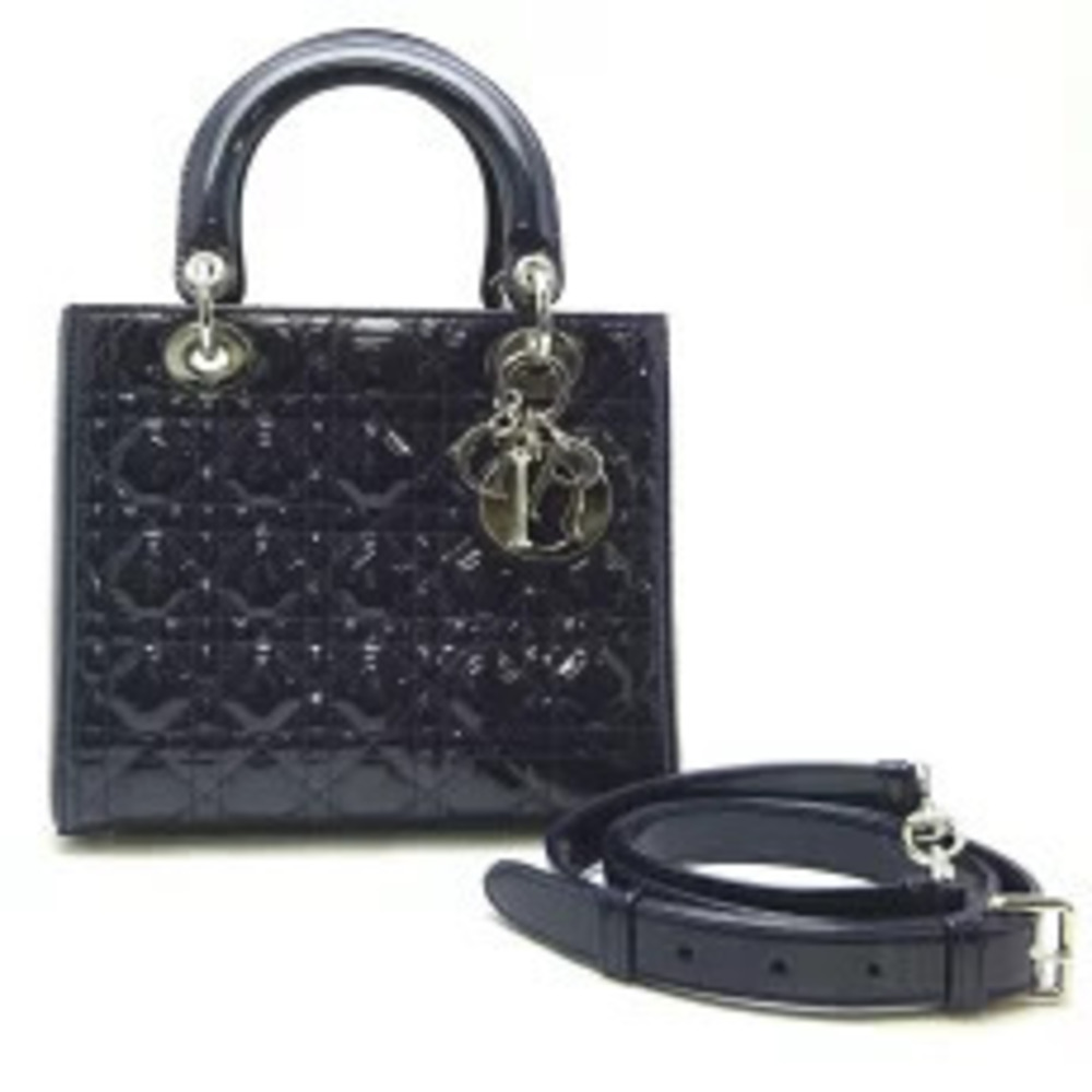 Christian Dior Lady Handbag Patent Vernis Leather Navy Blue